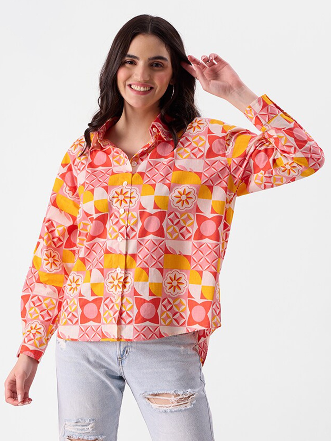 

The Souled Store Relaxed Oversized Floral Printed Pure Cotton Casual Shirt, Red