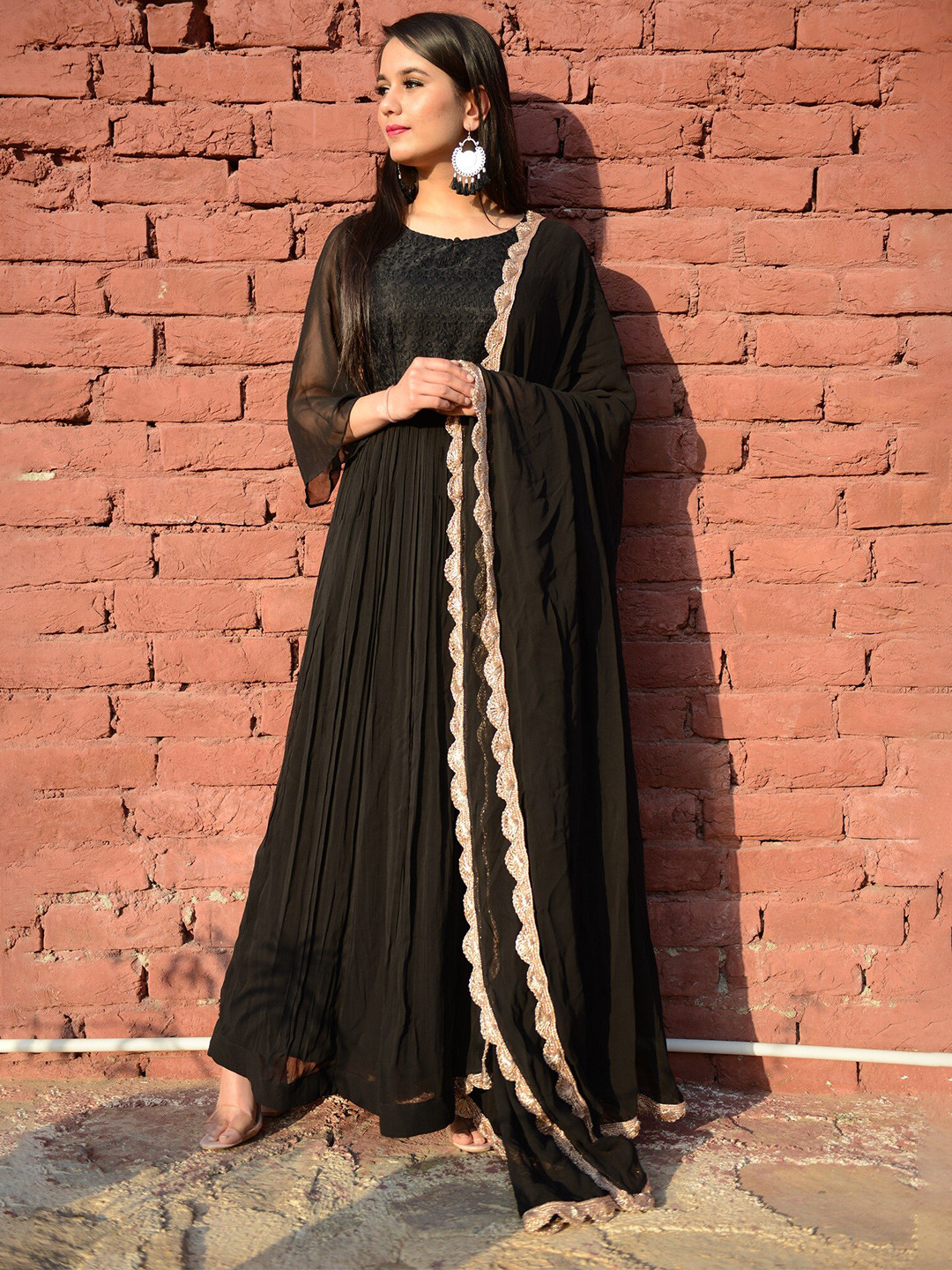 

PINKVILLE JAIPUR Georgette A Line Maxi Ethnic Dress With Dupatta, Black