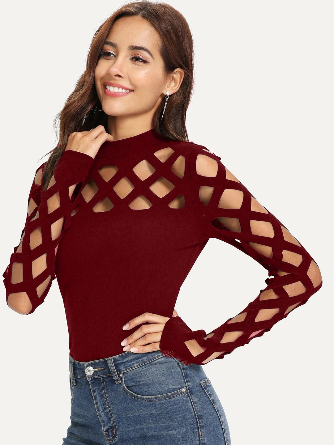 

ELYRAA Maroon Cut Work Detailed Fitted Top