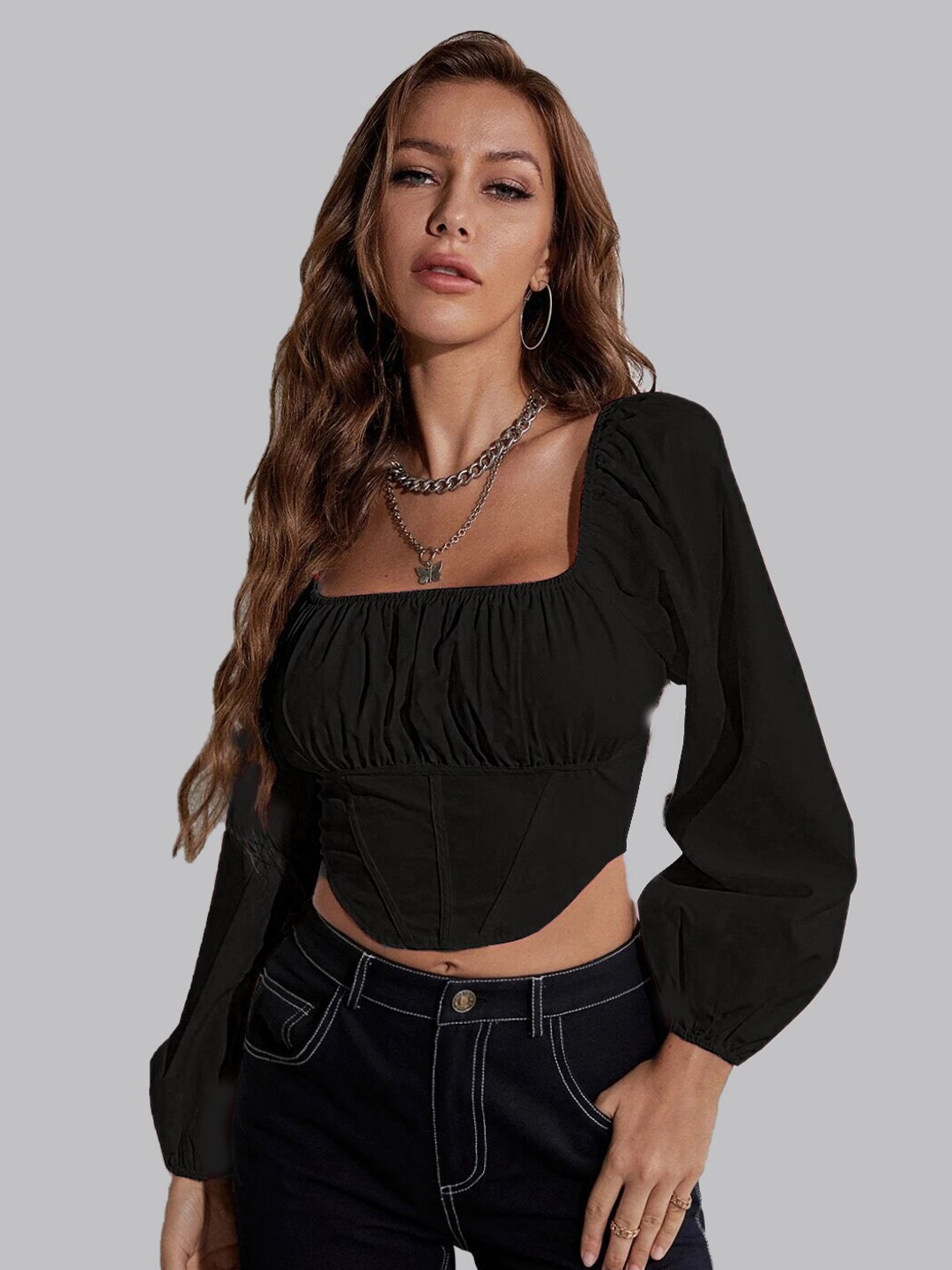 

ELYRAA Square Neck Gathered Puff Sleeve Crepe Crop Top, Black