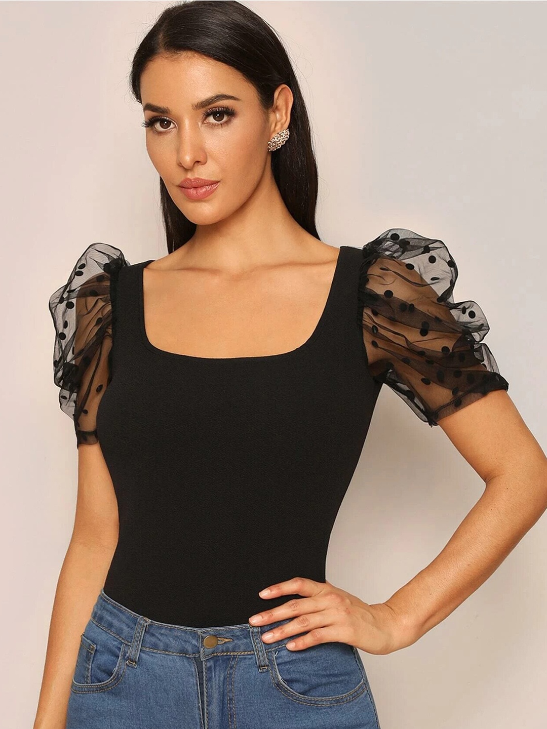 

ELYRAA Scoop Neck Puff Sleeve Crepe Top, Black