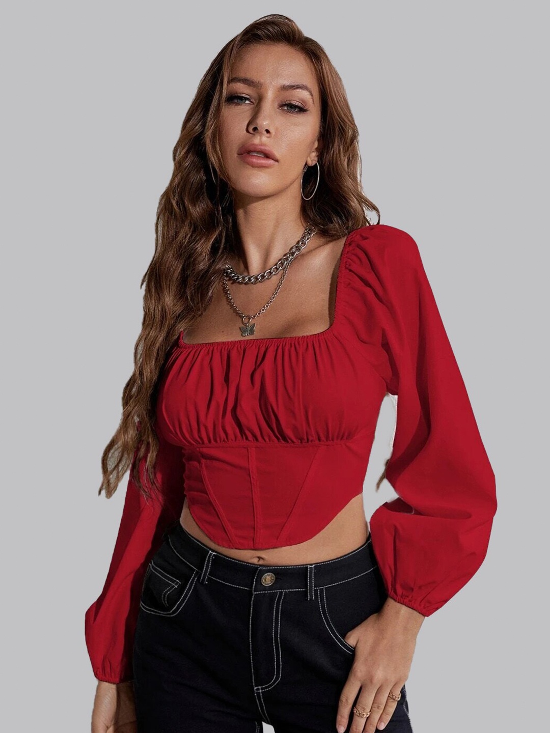 

ELYRAA Puff Sleeves Crop Corset Top, Red