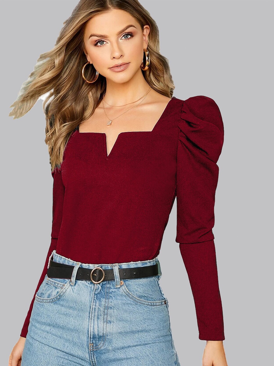 

ELYRAA Notched Square Neck Puff Sleeve Crepe Top, Maroon