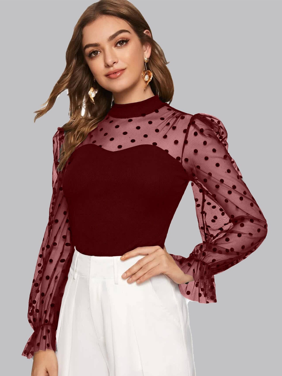 

ELYRAA Self Design High Neck Puff Sleeves Top, Maroon