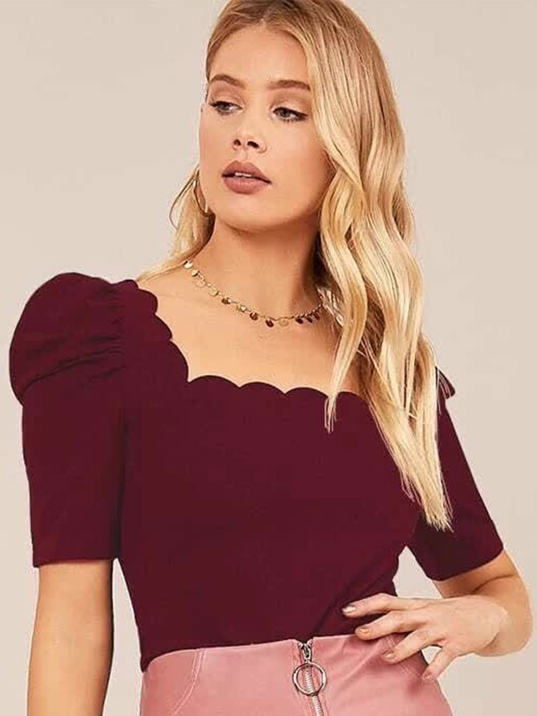 

ELYRAA Puff Sleeves Regular Top, Maroon