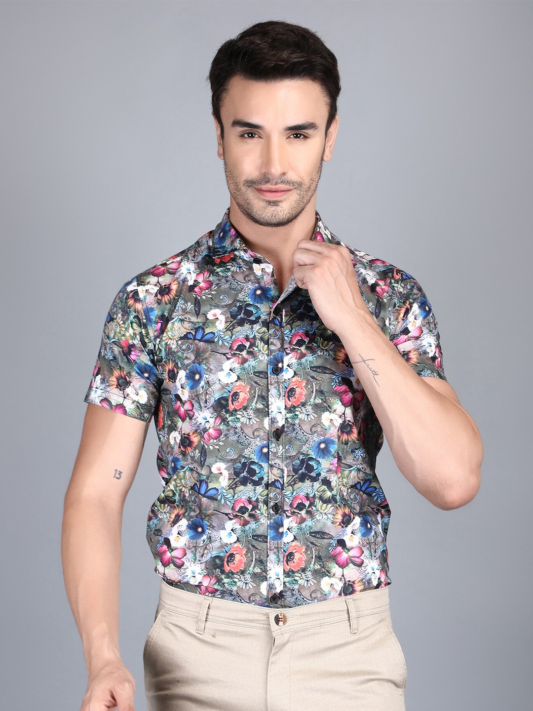 

DEZANO Classic Floral Printed Satin Casual Shirt, Blue