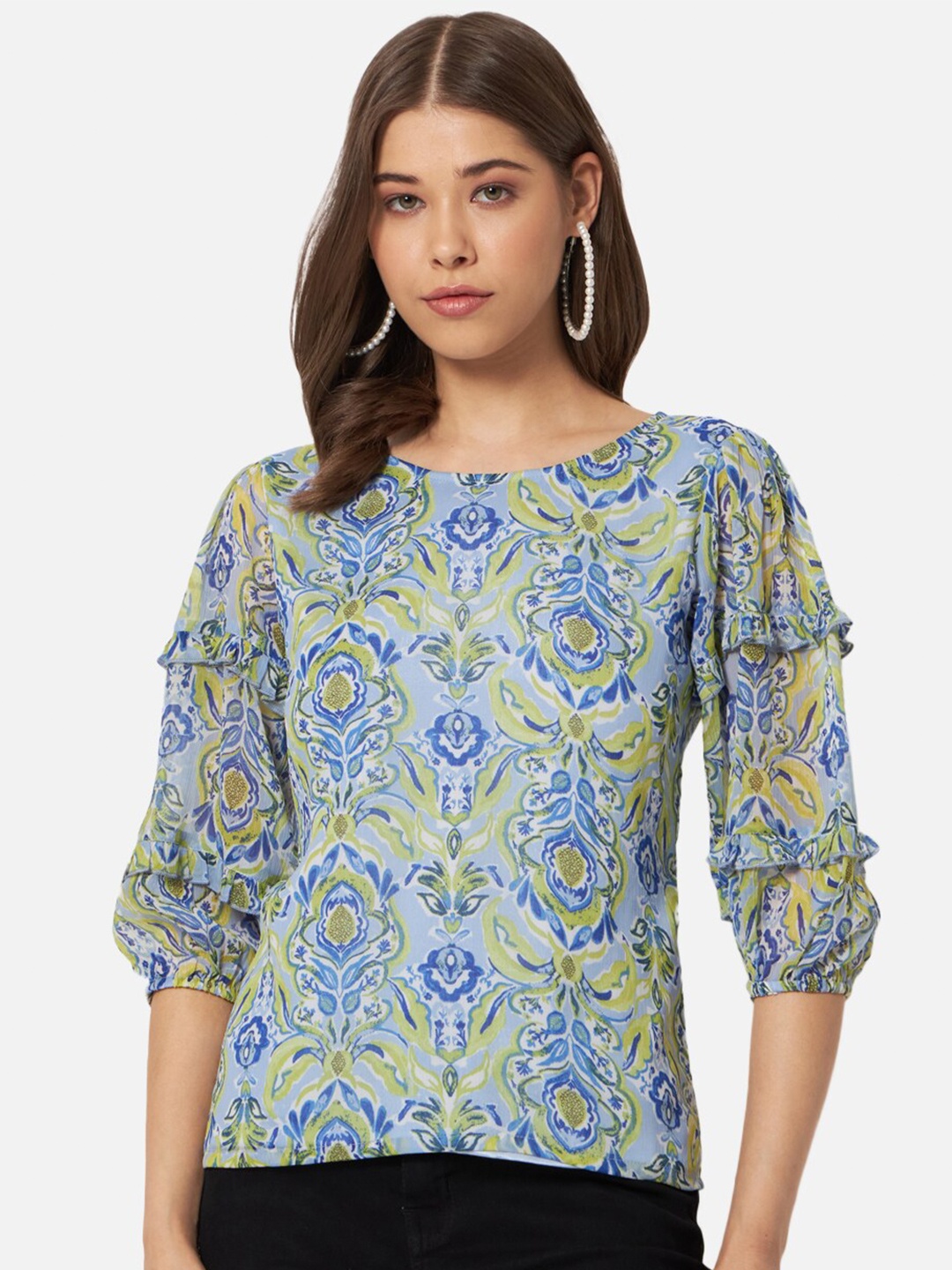 

ALL WAYS YOU Ethnic Motifs Printed Puff Sleeves Ruffles Detailed Regular Top, Blue