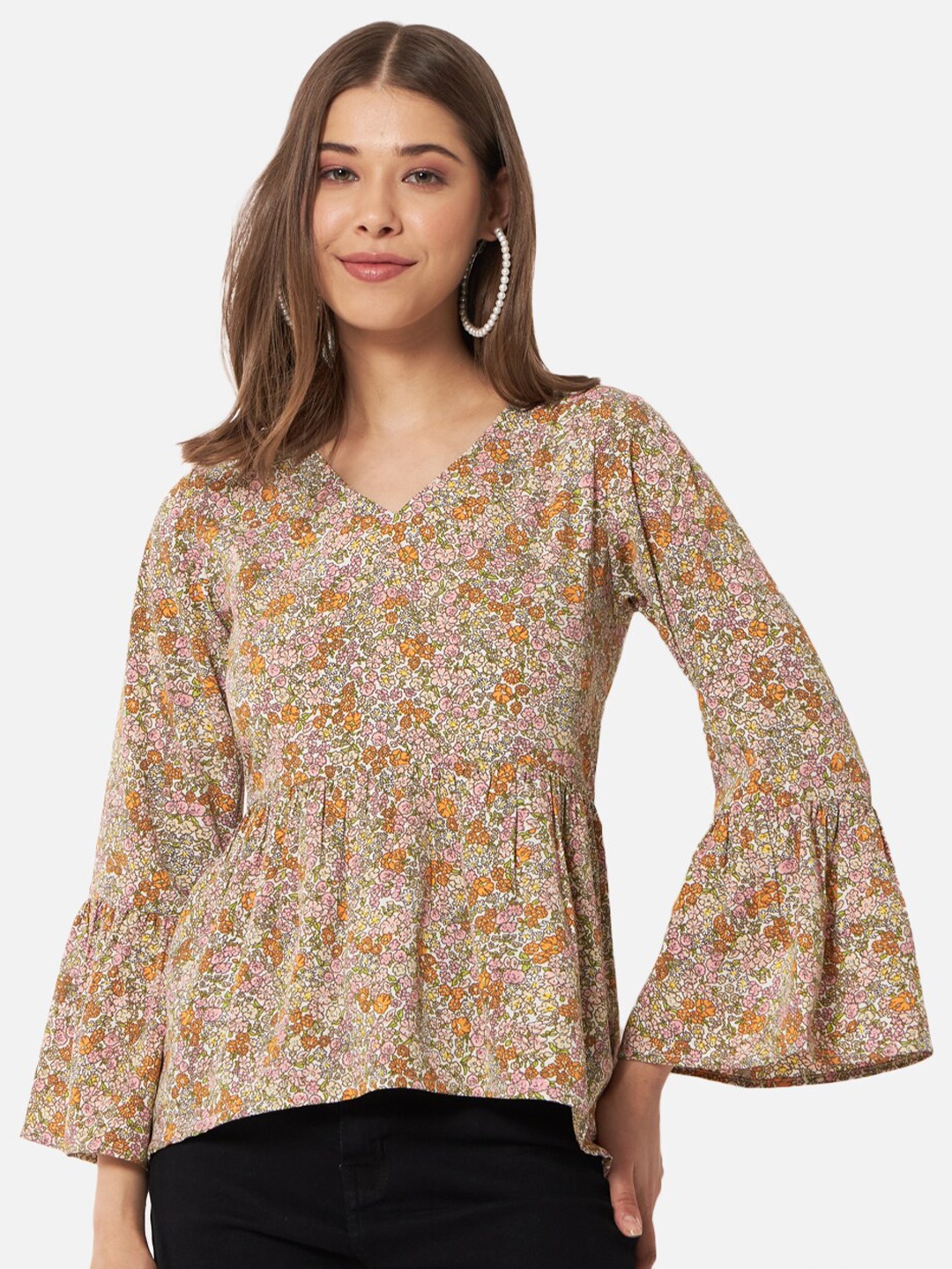 

ALL WAYS YOU Floral Printed V-Neck Bell Sleeves Gathered Detailed Peplum Top, Off white