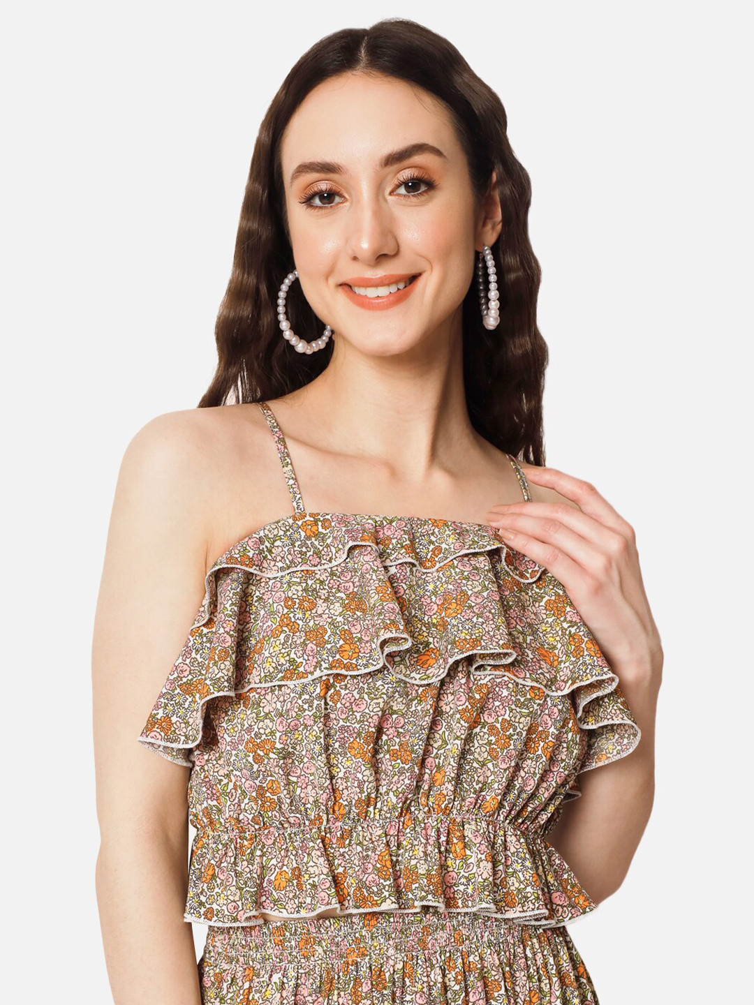 

ALL WAYS YOU Floral Printed Ruffle Detailed Peplum Crop Top, Off white