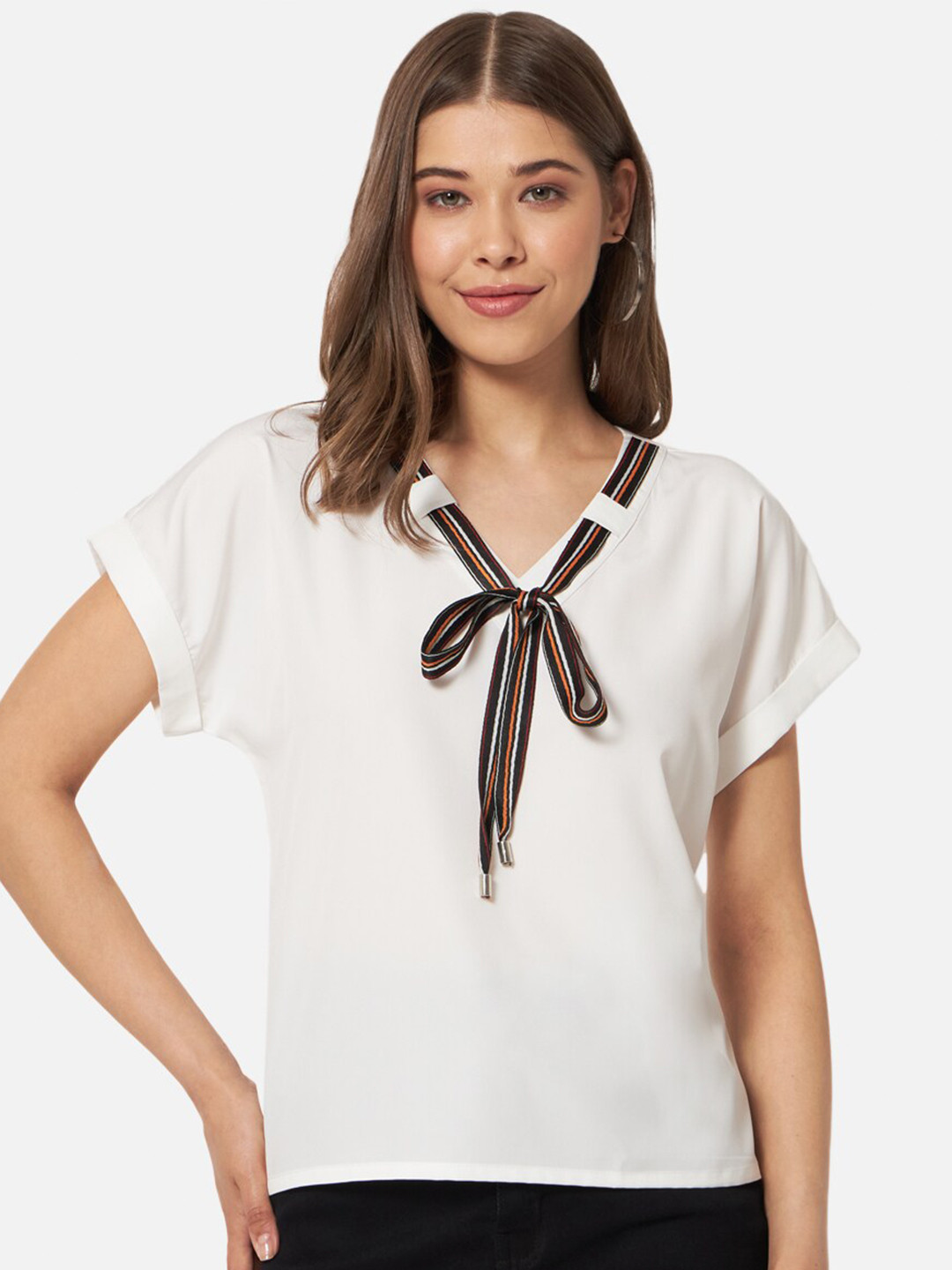 

ALL WAYS YOU V-Neck Extended Sleeves Tie-Up Detailed Regular Top, White