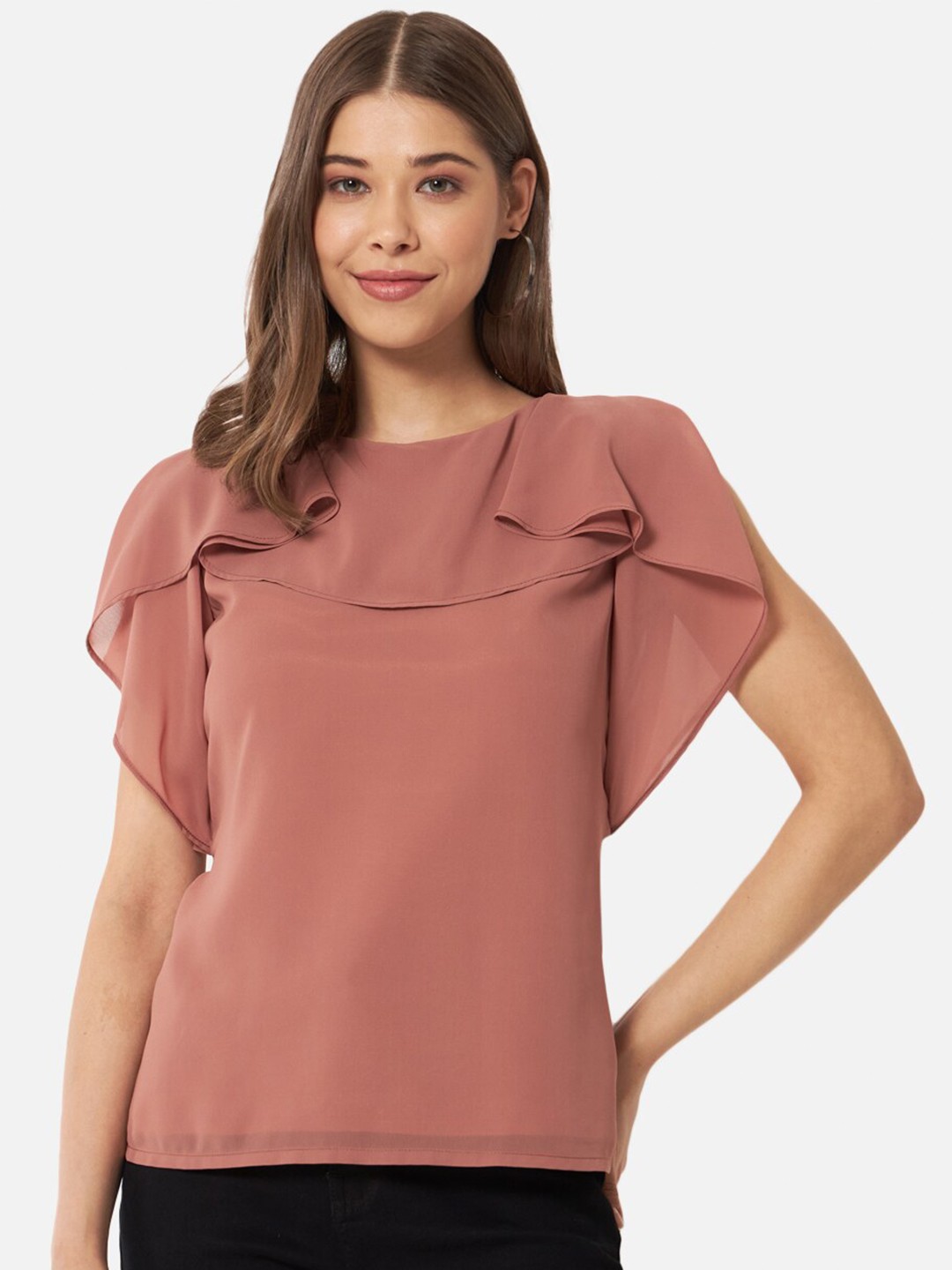 

ALL WAYS YOU Flutter Sleeves Ruffles Detailed Top, Brown