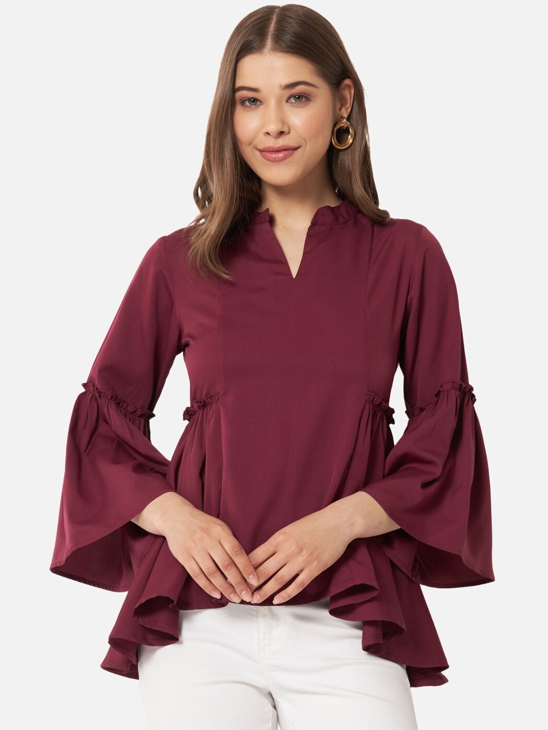 

ALL WAYS YOU Mandarin Collar Bell Sleeves Ruffles Detailed A-Line Top, Maroon