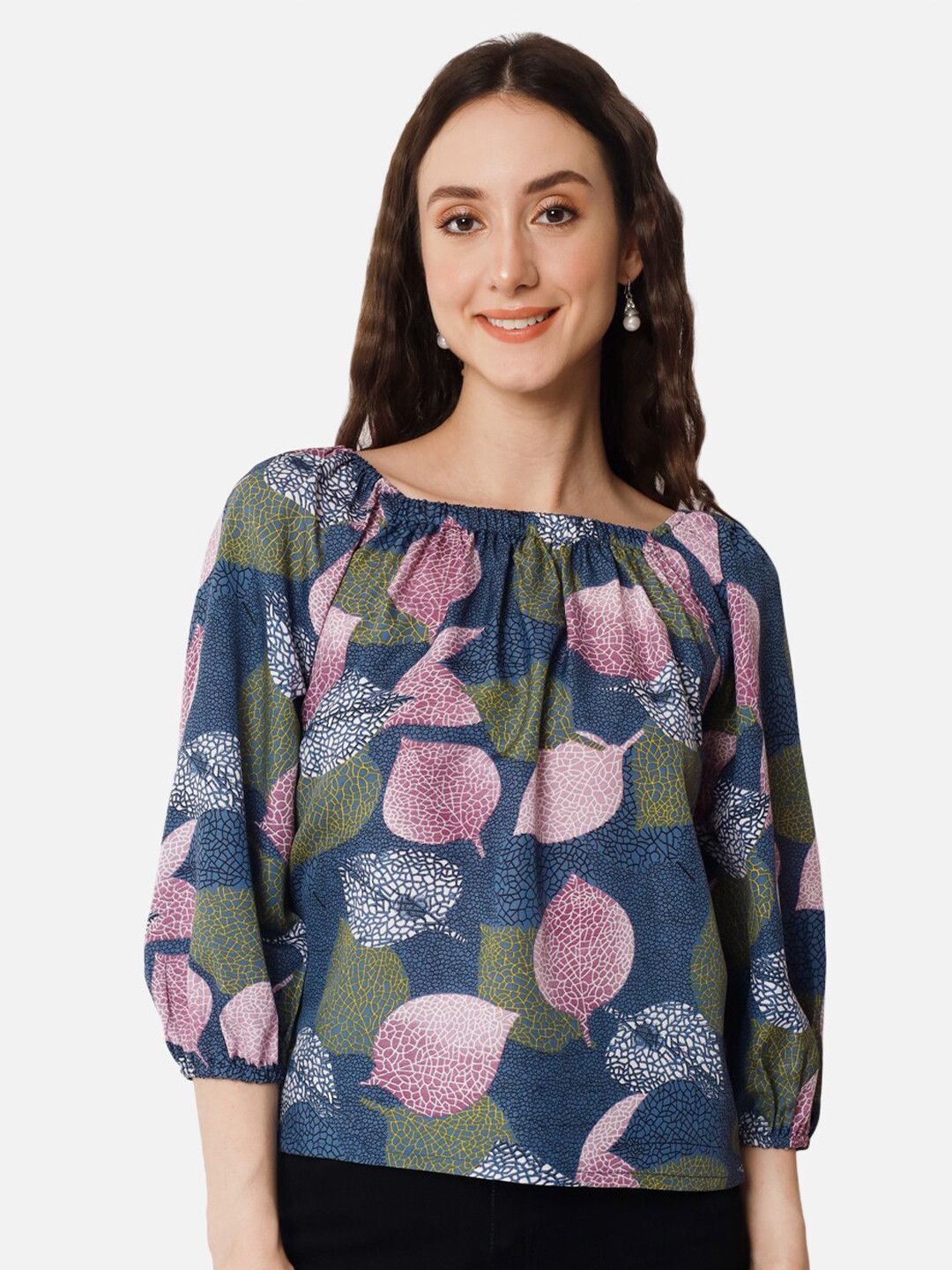 

ALL WAYS YOU Tropical Printed Square Neck Puff Sleeves Top, Navy blue
