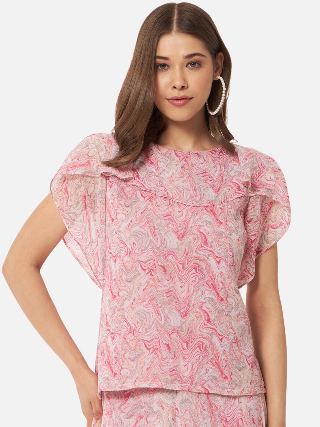 

ALL WAYS YOU Abstract Printed Slit Sleeves Ruffles Detailed Top, Pink