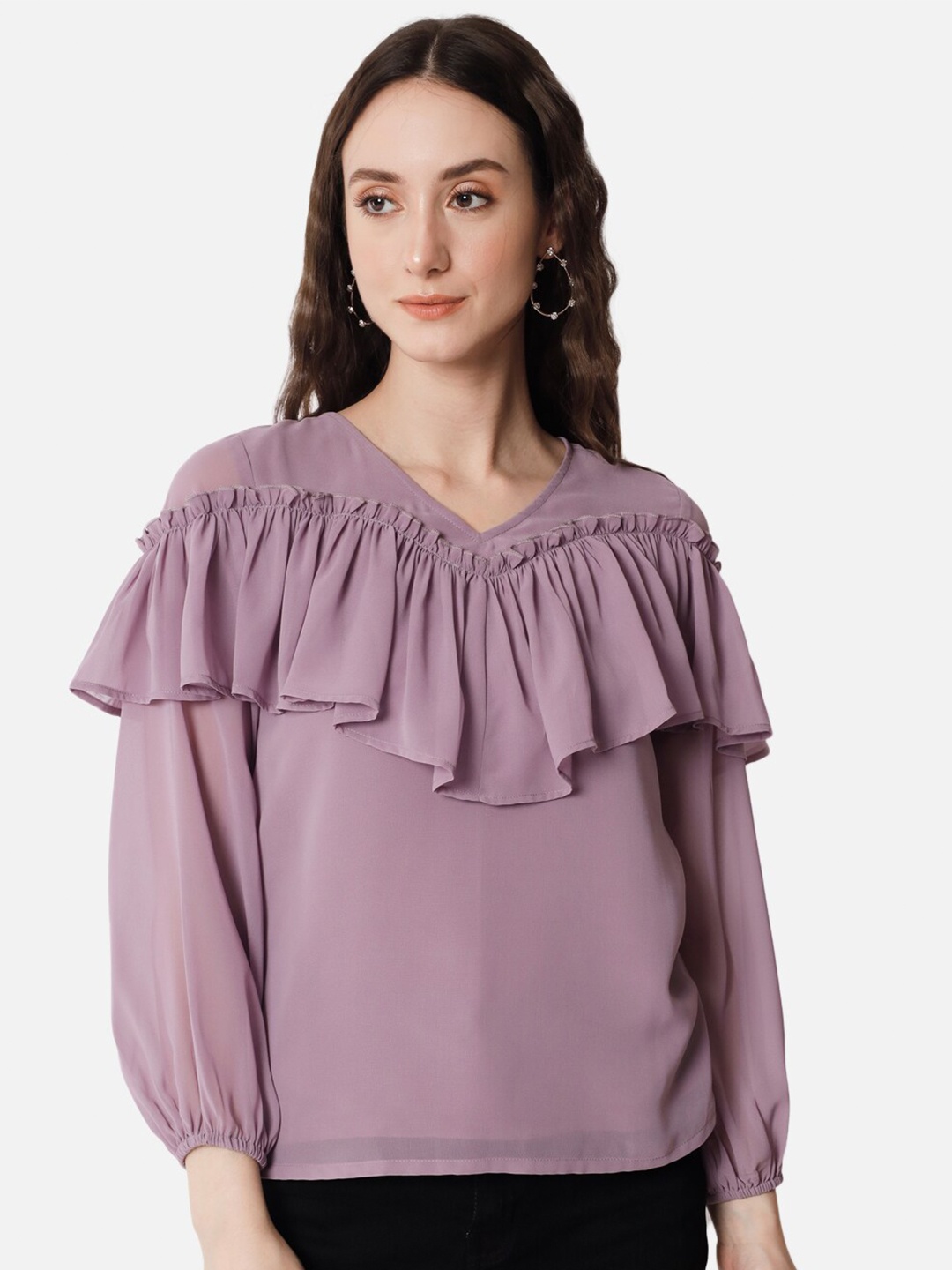 

ALL WAYS YOU V-Neck Puff Sleeves Ruffles Detailed Top, Purple