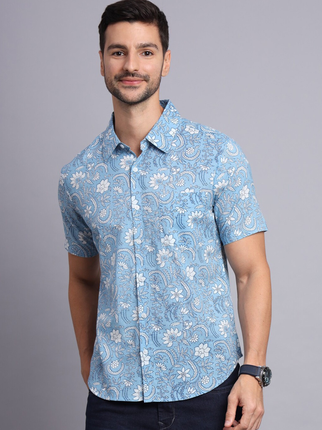 Sutidora Floral Printed Classic Cotton Casual Shirt, Blue