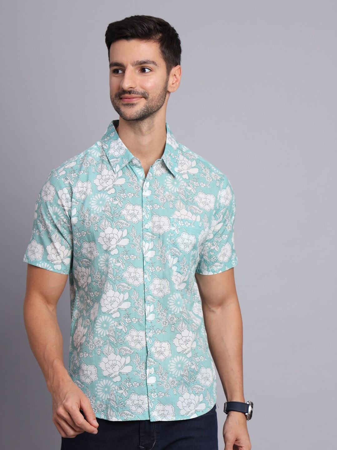 

Sutidora Classic Floral Printed Cotton Casual Shirt, Green