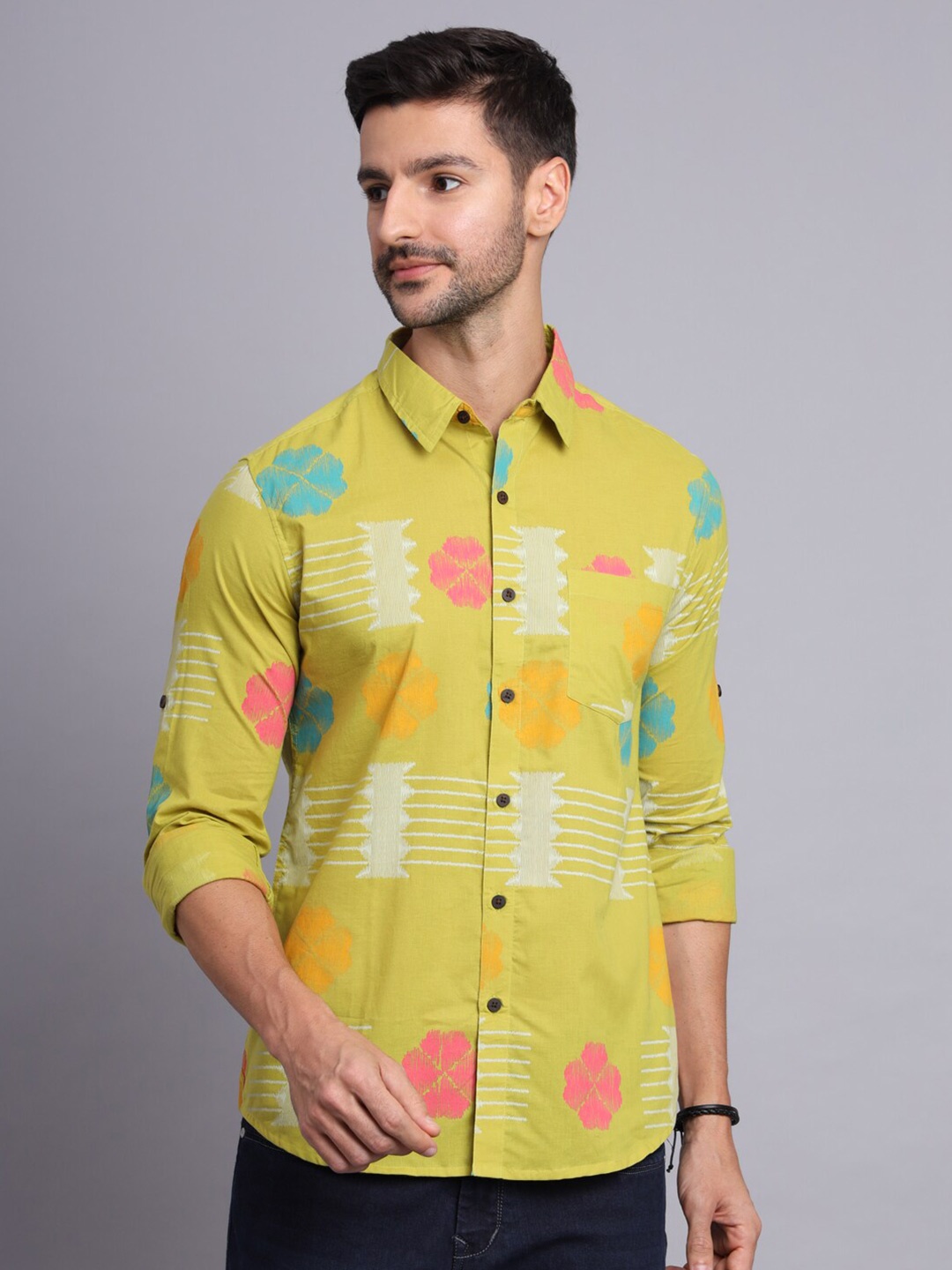 

Sutidora Classic Floral Printed Cotton Casual Shirt, Green