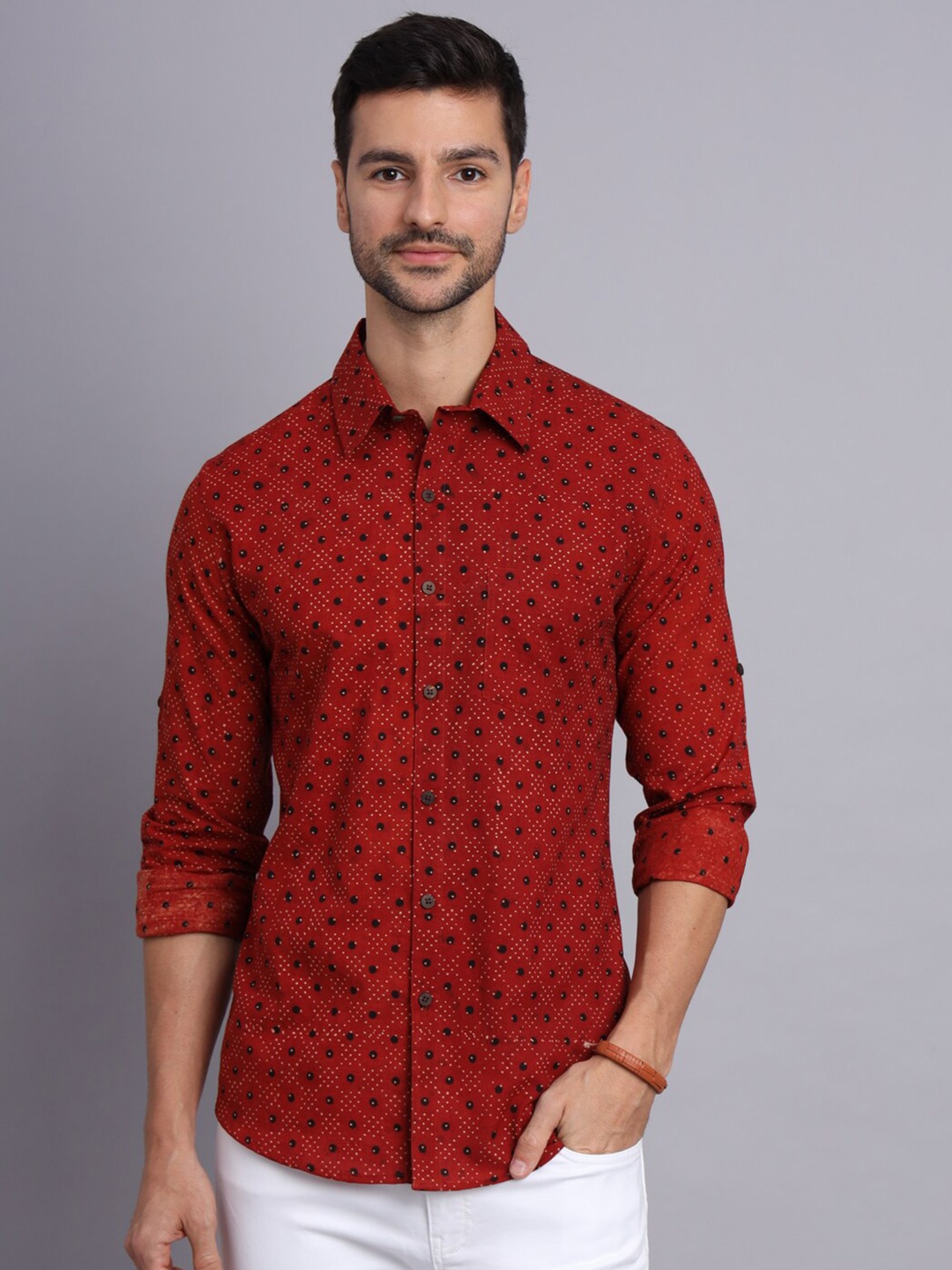 

Sutidora Men Red Classic Geometric Printed Cotton Casual Shirt