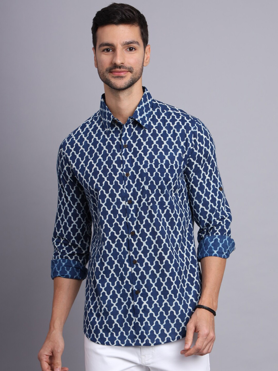 

Sutidora Classic Fit Geometric Printed Cotton Casual Shirt, Blue
