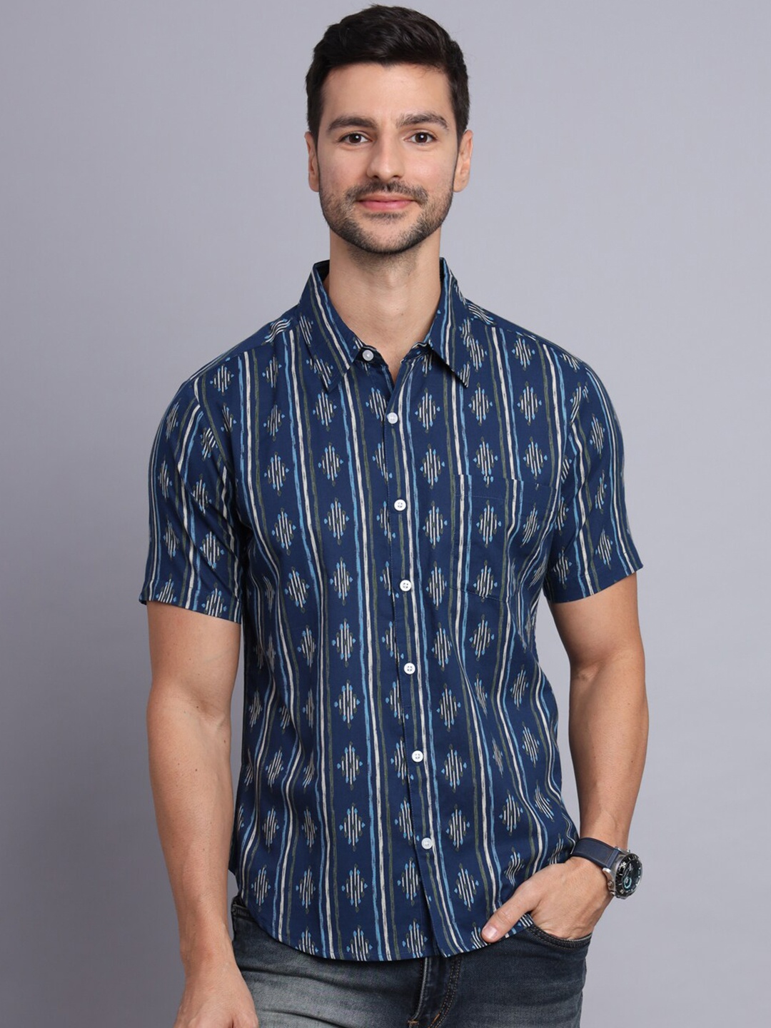 

Sutidora Ethnic Printed Classic Cotton Casual Shirt, Navy blue