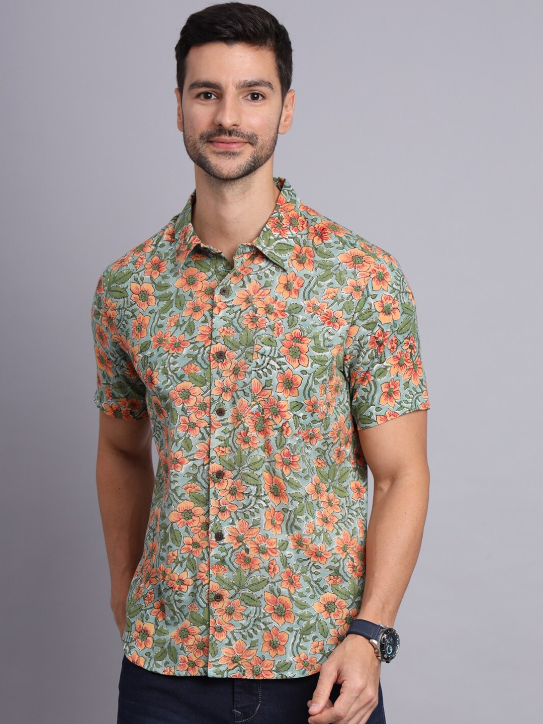 

Sutidora Classic Floral Printed Cotton Casual Shirt, Green