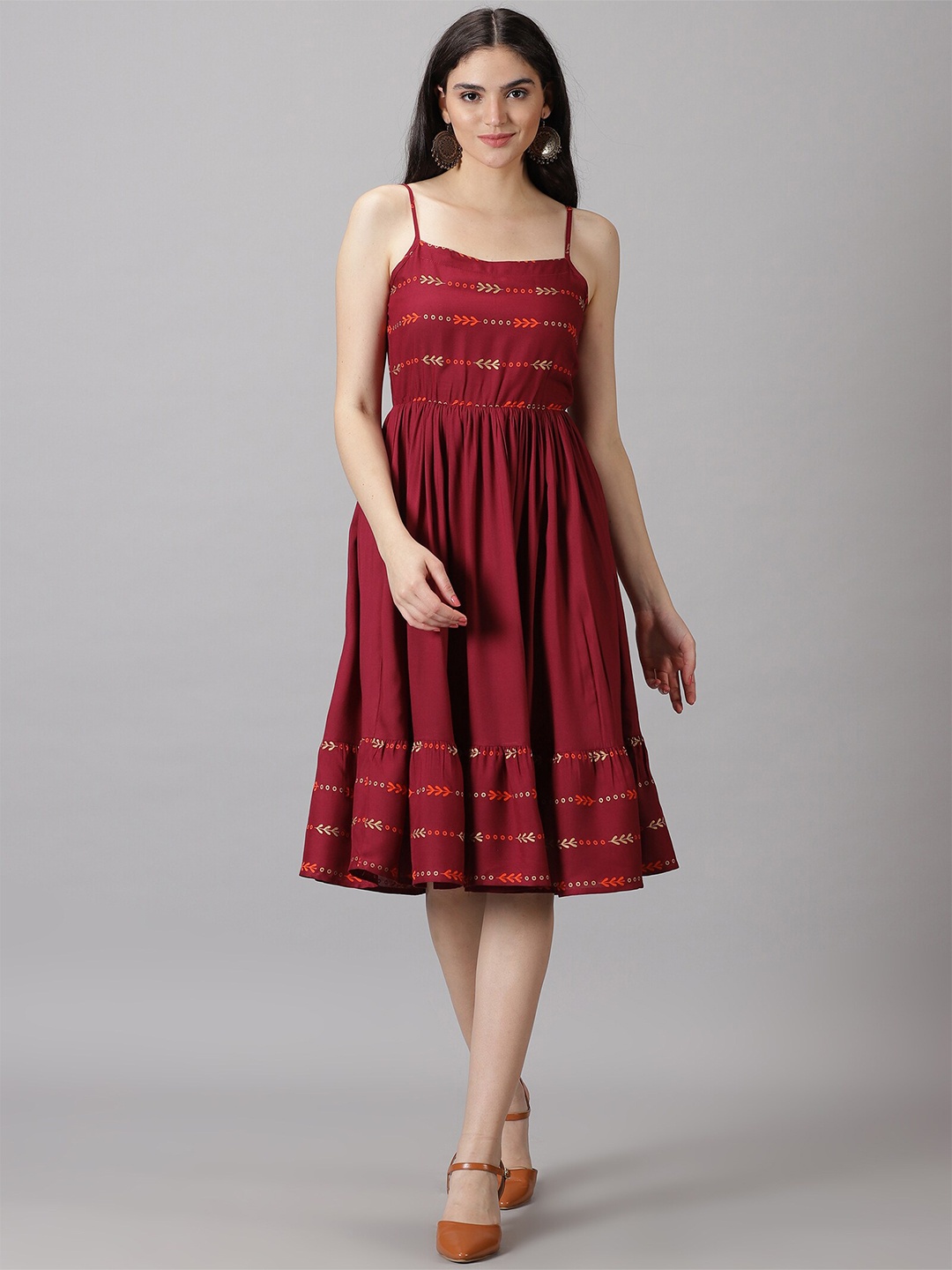 

DRESSAR Floral Printed Shoulder Straps Fit & Flare Dress, Maroon