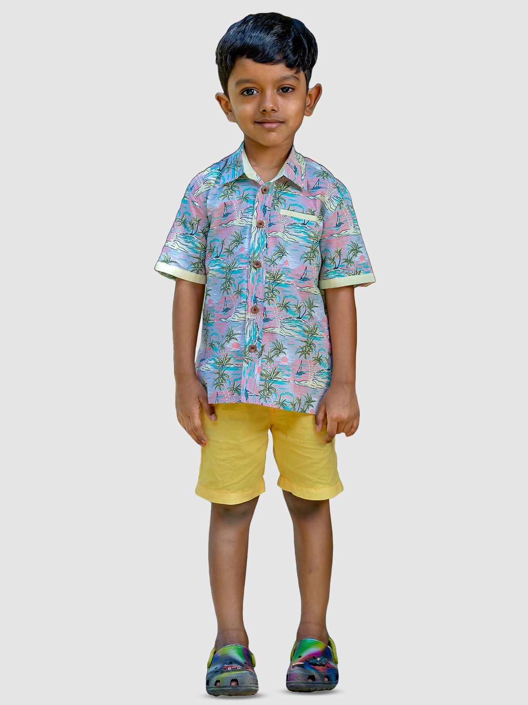 

Little Llama Boys Comfort Tropical Printed Pure Cotton Casual Shirt, Blue
