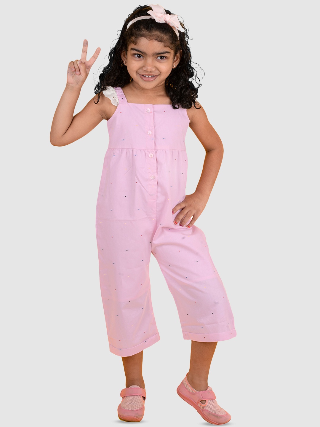 

Little Llama Girls Polka Dots Printed Pure Cotton Basic Jumpsuit, Pink