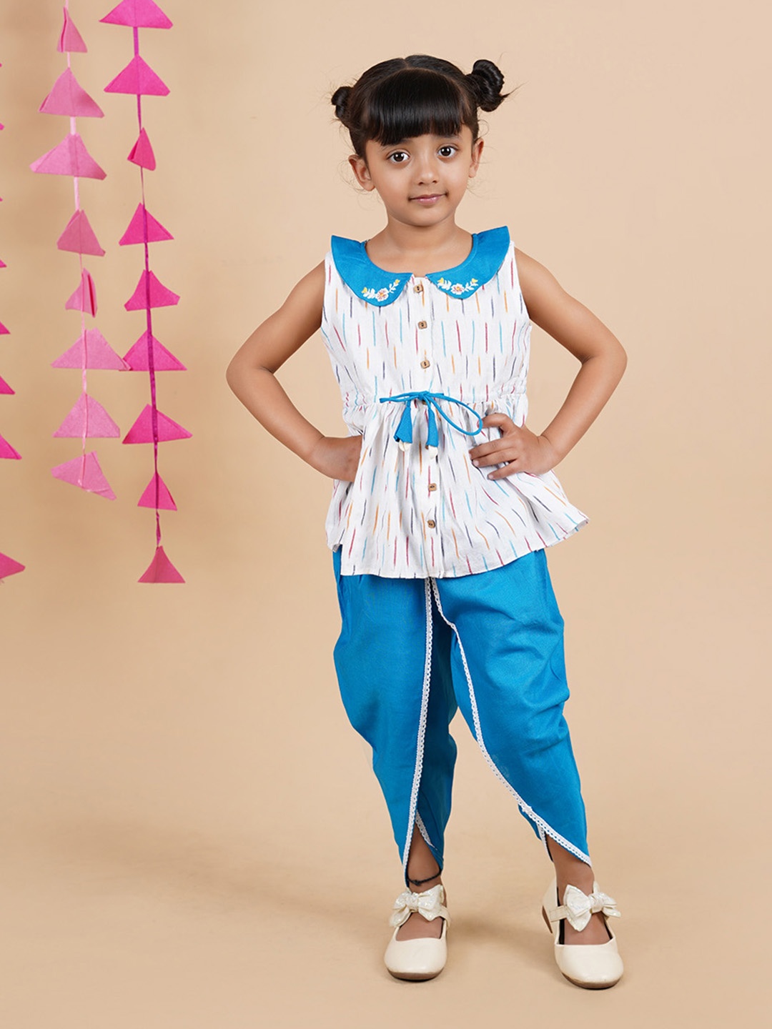 

Little Llama Girls Printed Top with Dhoti Pants, Blue