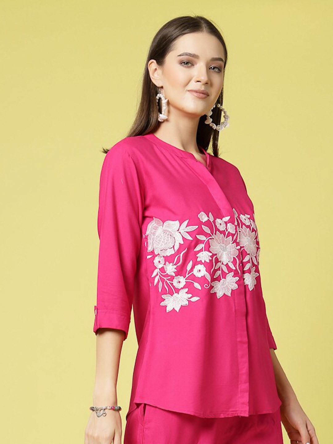 

Molly & Michel Floral Embroidered Band Collar Cotton Casual Shirt Top, Pink
