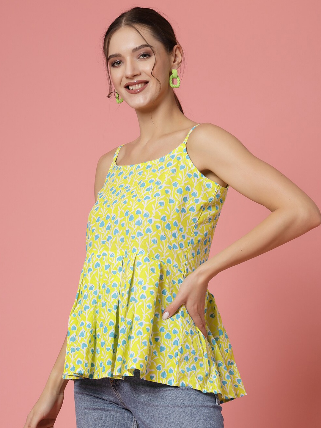 

Molly & Michel Floral Printed Shoulder Straps Sleeveless Cotton Peplum Top, Green