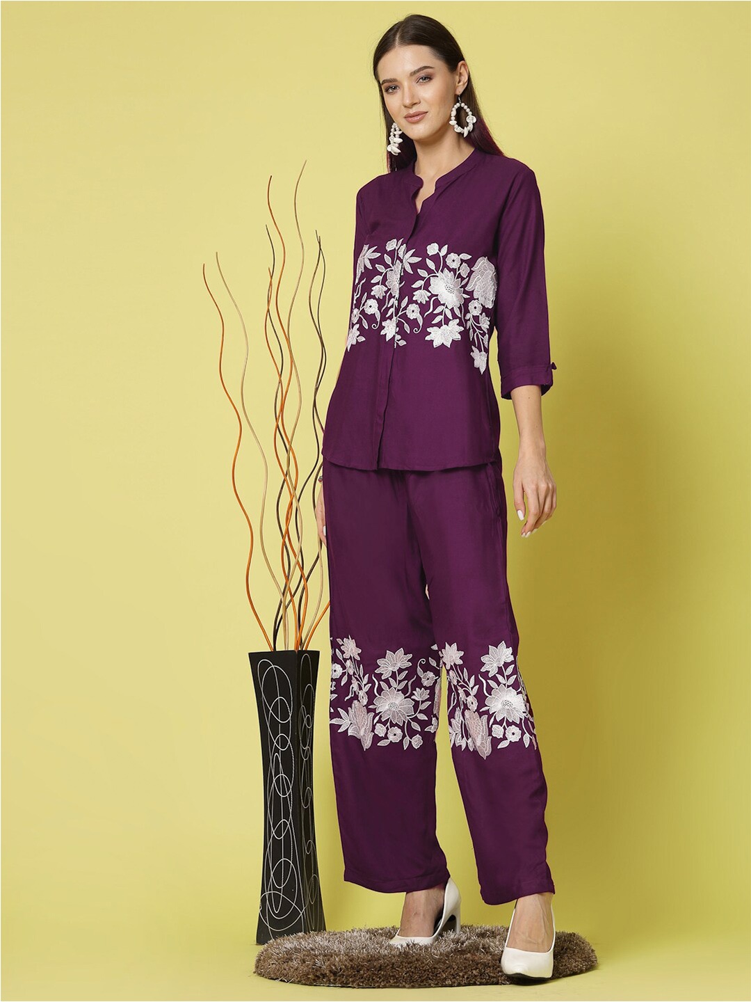 

Molly & Michel Embroidered Shirt Style Cotton Top, Burgundy