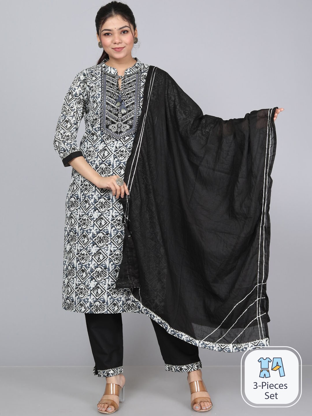

KALINI Ethnic Motifs Printed Thread Work Pure Cotton Kurta with Trousers & Dupatta, Grey
