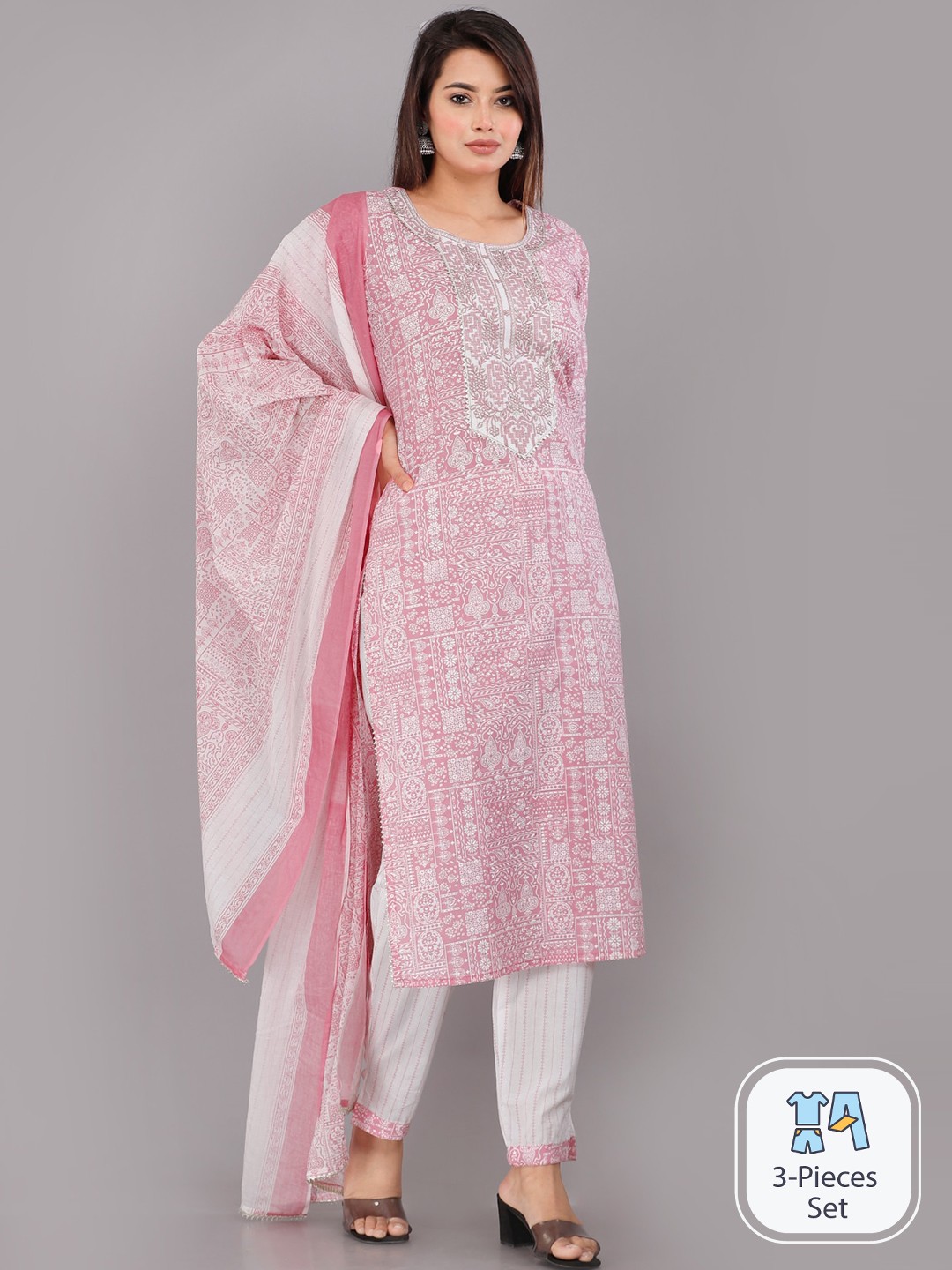 

KALINI Ethnic Motif Printed Regular Gotta Patti Kurta & Trousers With Dupatta, Pink