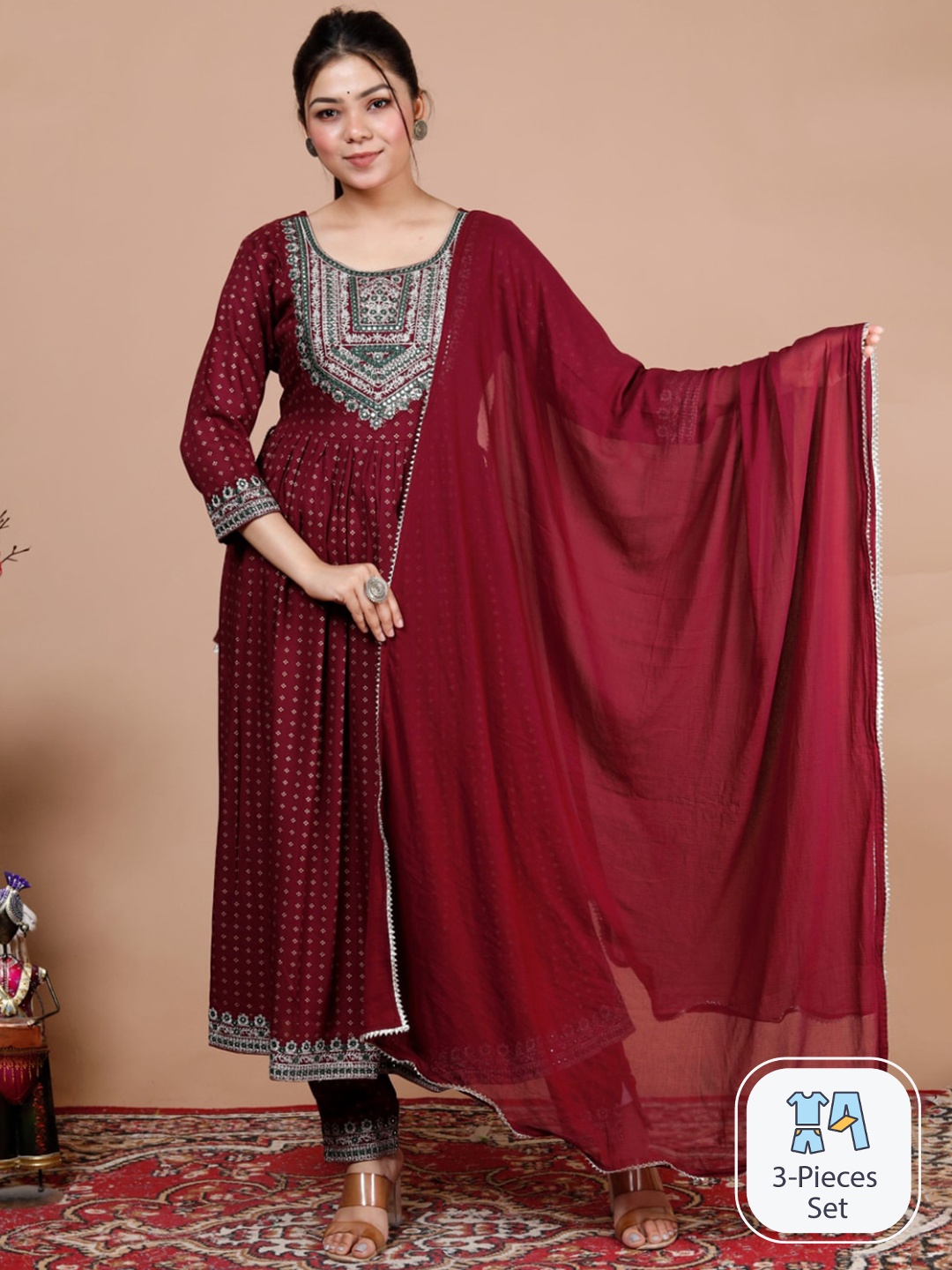 

KALINI Floral Printed Mirror Work Kurta with Trousers & Dupatta, Maroon