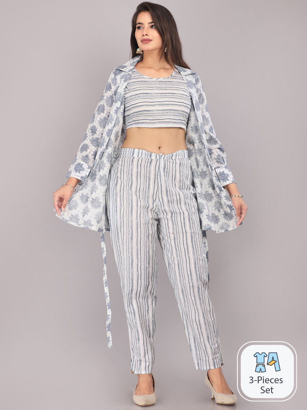 

KALINI Printed Cotton Top With jacket & Trouser, Blue