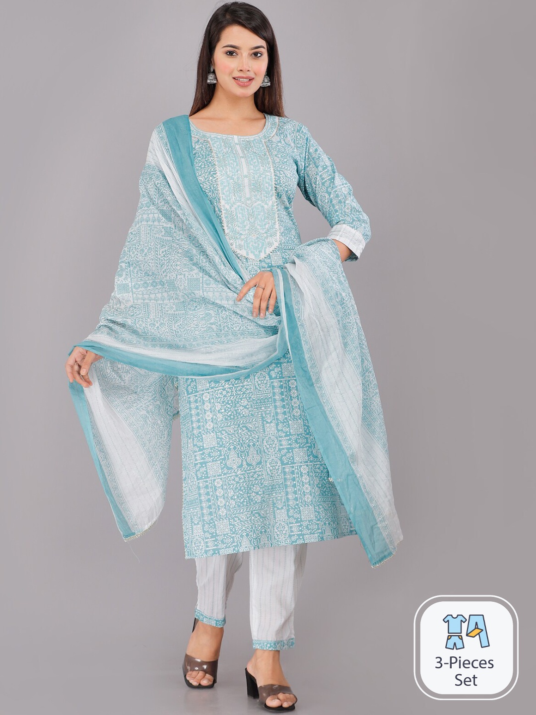 

KALINI Ethnic Motif Printed Gotta Patti Pure Cotton Kurta with Trousers & With Dupatta, Blue