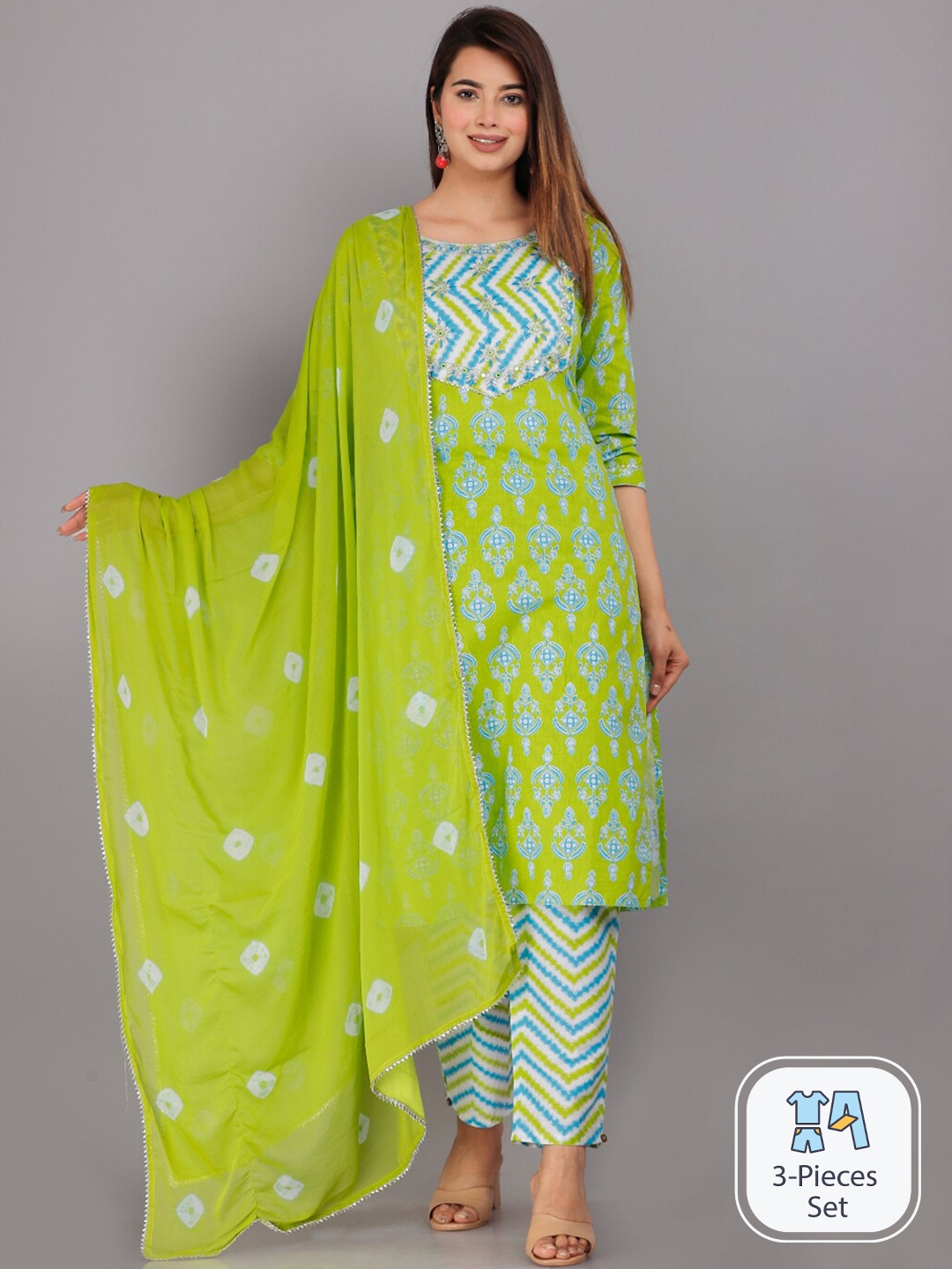 

KALINI Ethnic Motifs Printed Regular Pure Cotton Kurta with Trousers & With Dupatta, Green