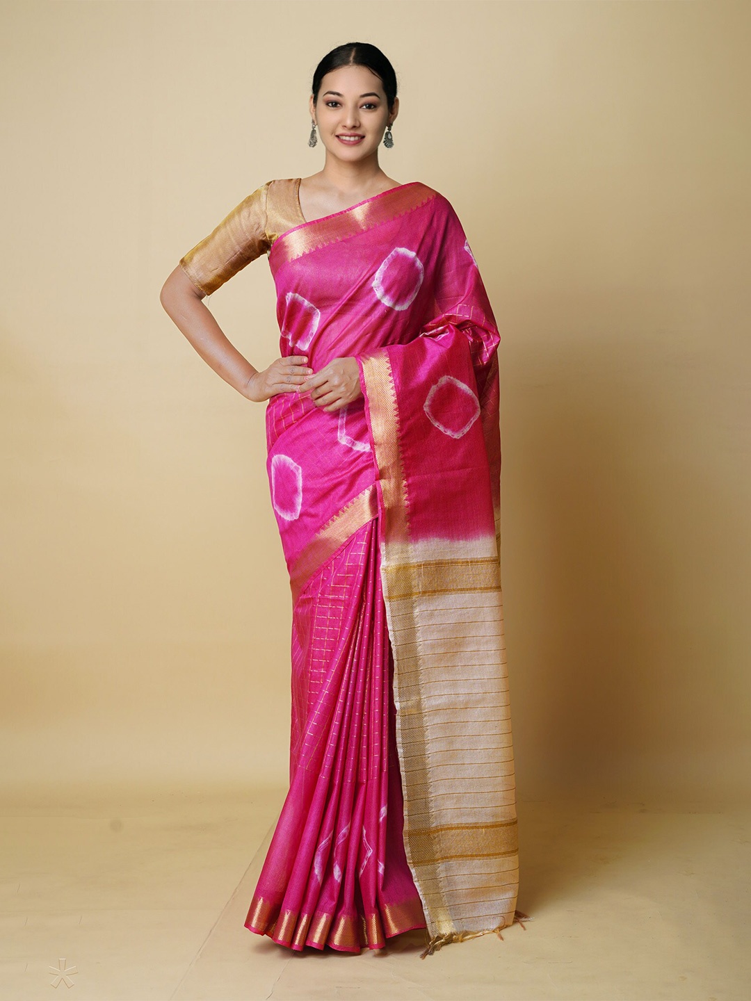 

Unnati Silks Tie and Dye Zari Detailed Silk Cotton Saree, Pink
