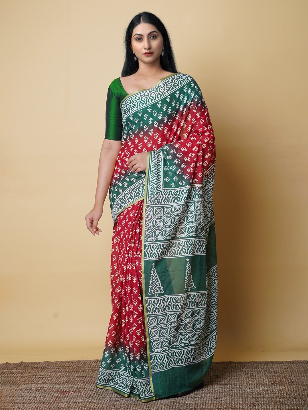 

Unnati Silks Ethnic Motifs Printed Zari Pure Cotton Block Print Saree, Red