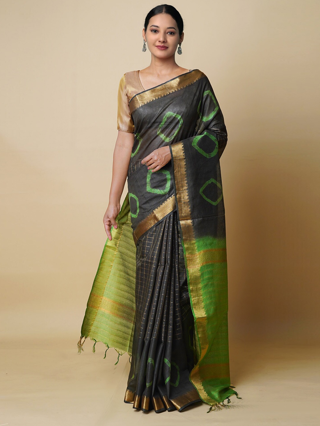 

Unnati Silks Tie And Dye Printed Zari Silk Cotton Mangalagiri Saree, Green