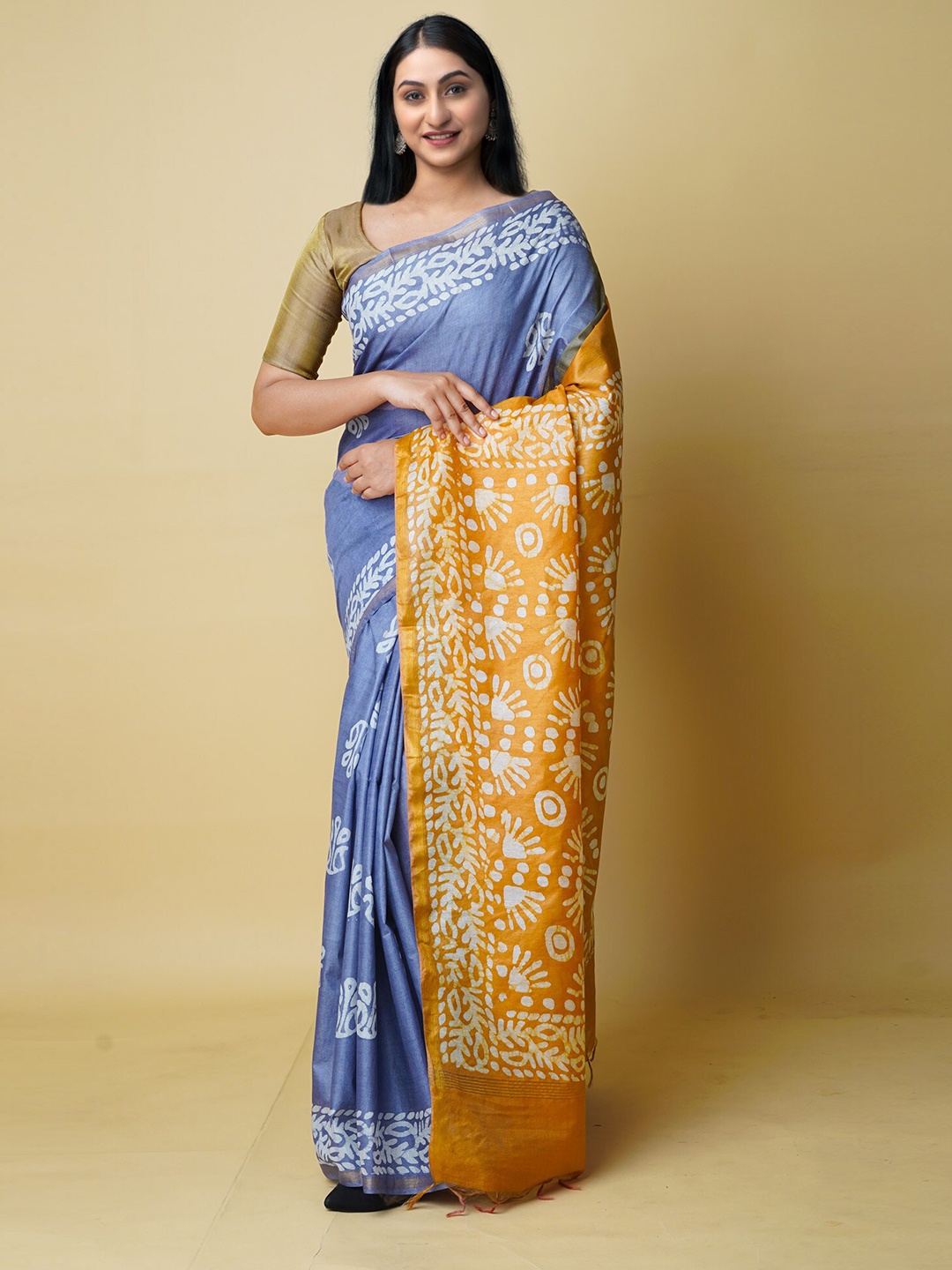 

Unnati Silks Batik Printed Zari Silk Cotton Chanderi Saree, Blue