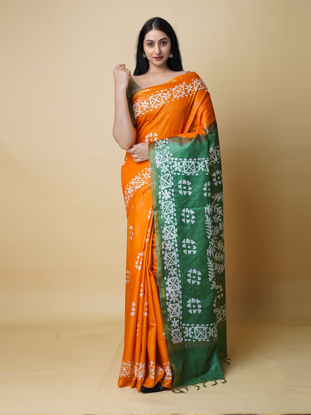 

Unnati Silks Ethnic Motifs Zari Silk Cotton Chanderi Saree, Orange