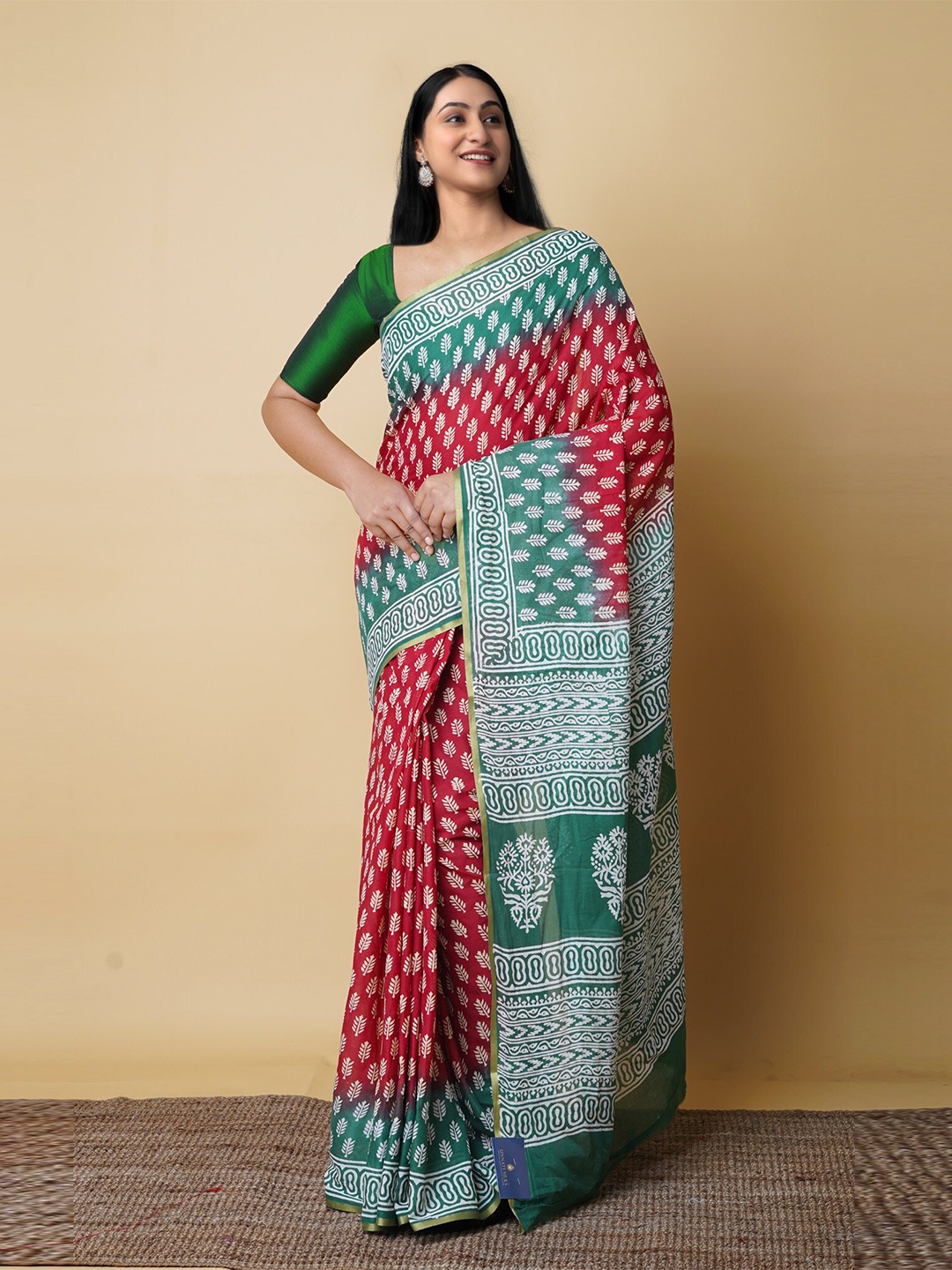 

Unnati Silks Ethnic Motifs Printed Zari Pure Cotton Block Print Saree, Red