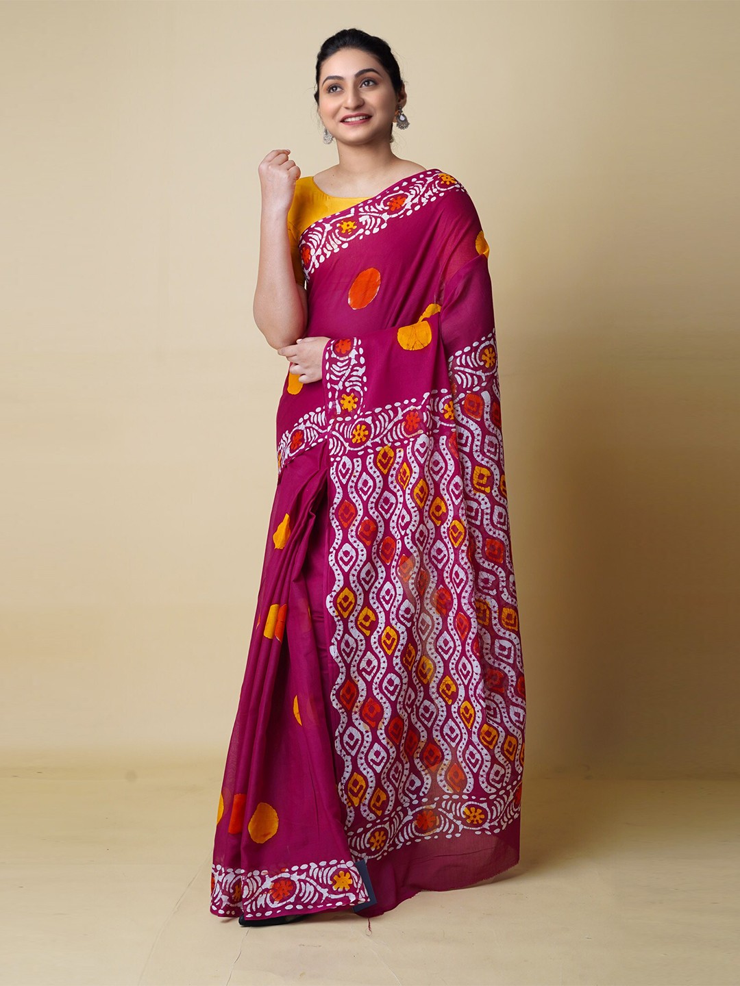 

Unnati Silks Batik Printed Pure Cotton Chanderi Saree, Maroon