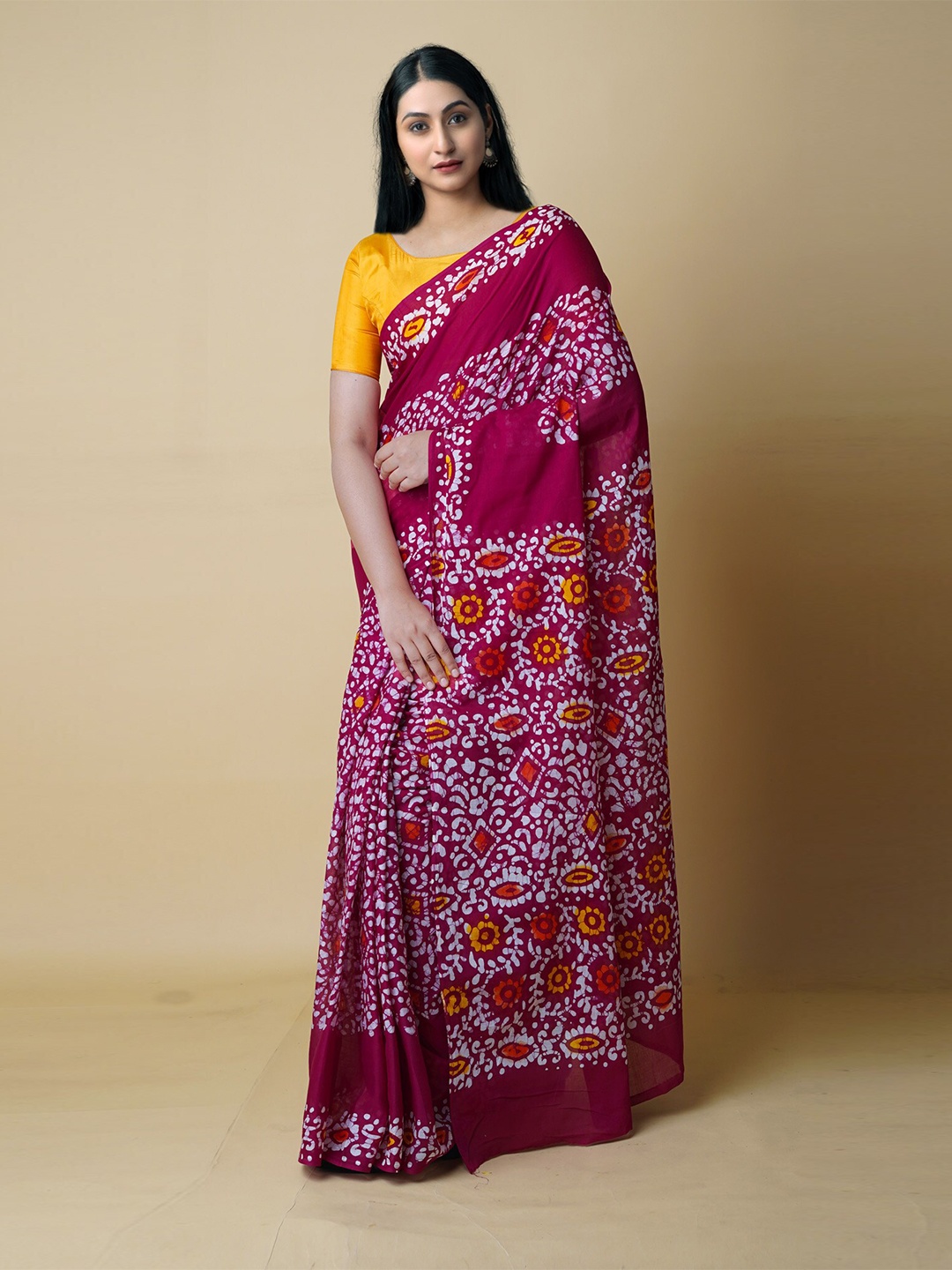 

Unnati Silks batik Printed Zari Pure Cotton Saree, Maroon