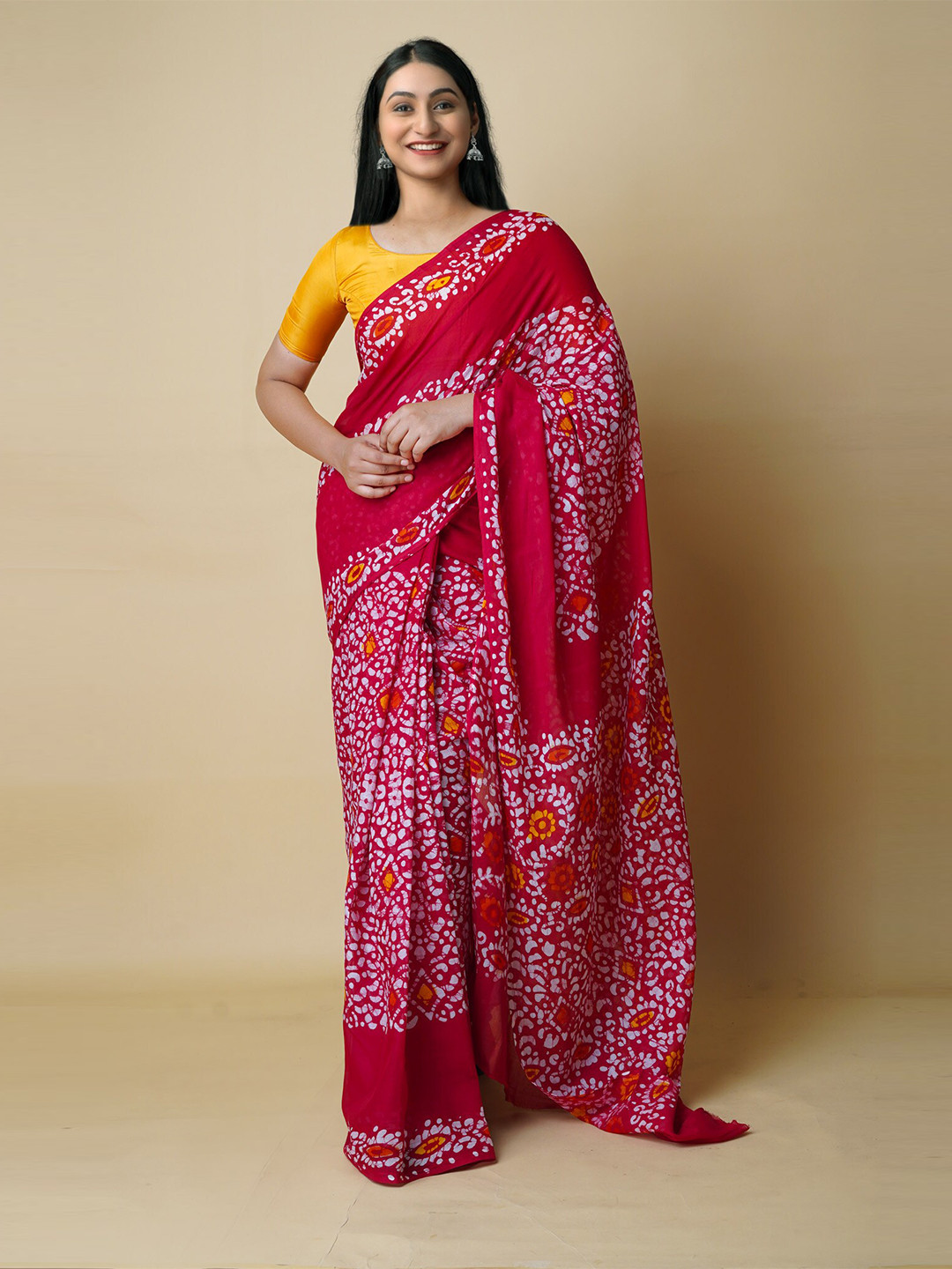 

Unnati Silks Batik Printed Pure Cotton Saree, Red
