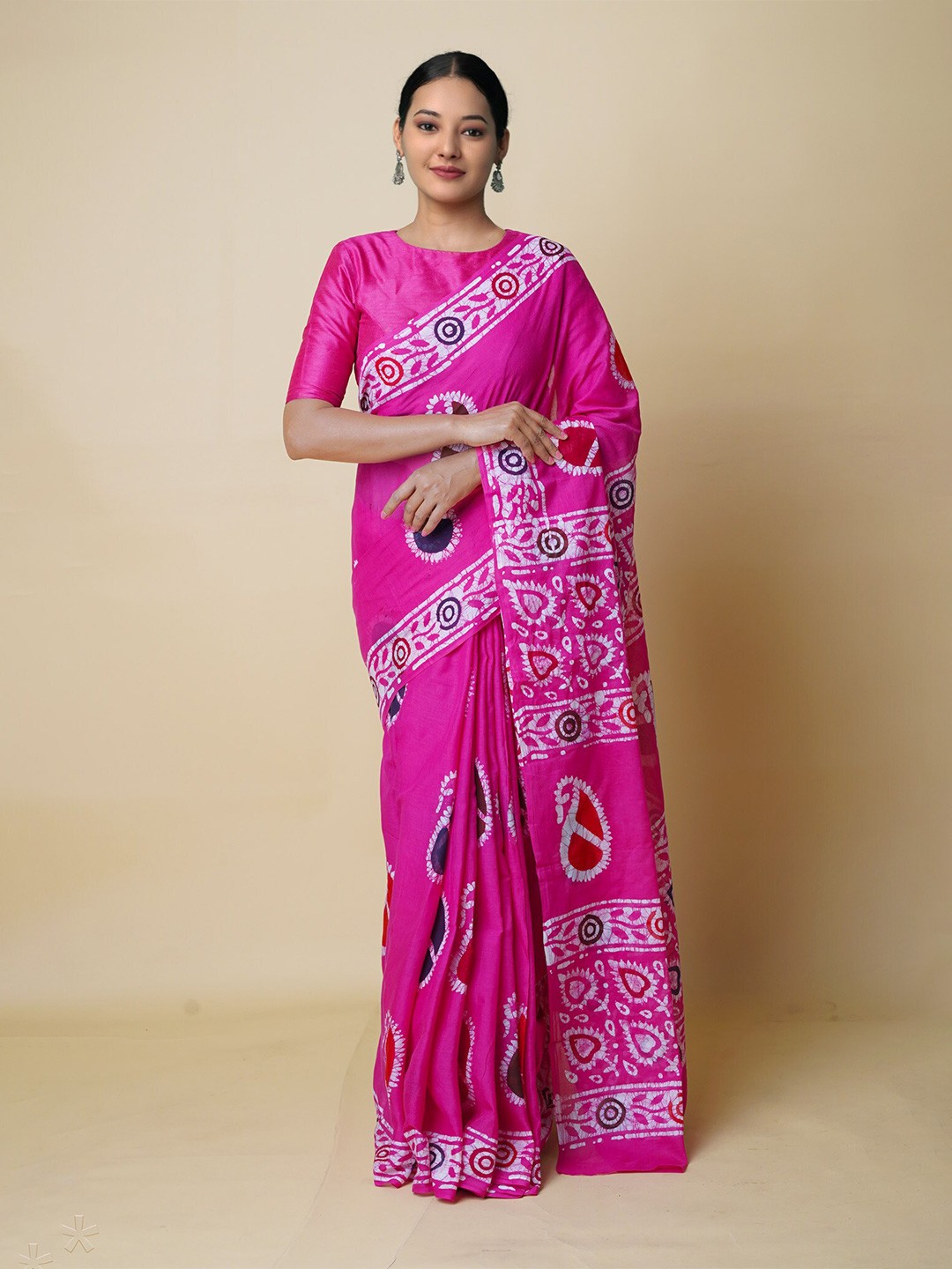 

Unnati Silks Batik Printed Pure Cotton Chanderi Saree, Pink