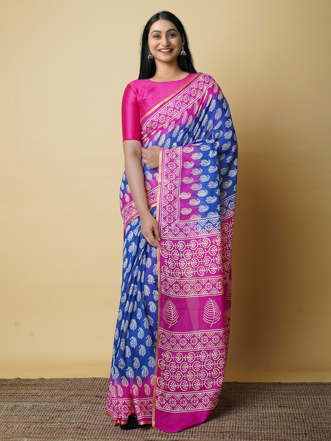 

Unnati Silks Ethnic Motifs Zari Pure Cotton Block Print Saree, Blue